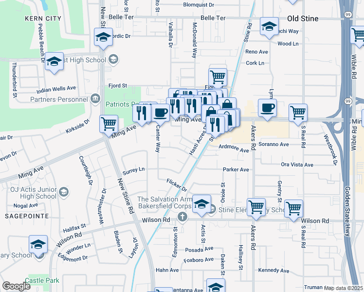map of restaurants, bars, coffee shops, grocery stores, and more near 4701 Summertree Lane in Bakersfield