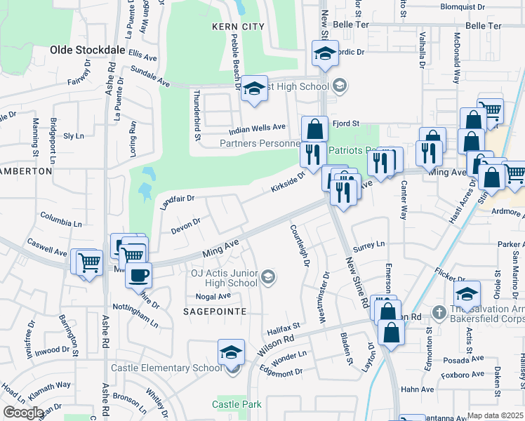 map of restaurants, bars, coffee shops, grocery stores, and more near 5900 Lindbrook Way in Bakersfield