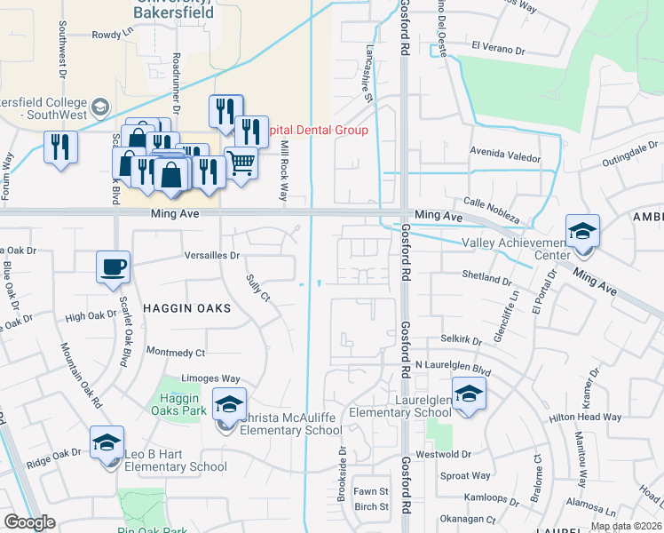 map of restaurants, bars, coffee shops, grocery stores, and more near 8400 Mcgraw Hill Drive in Bakersfield