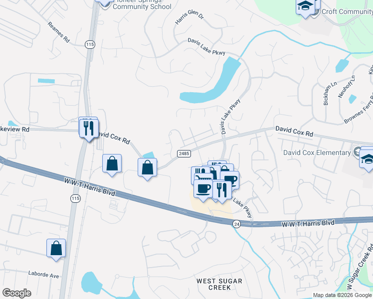 map of restaurants, bars, coffee shops, grocery stores, and more near 4973 David Cox Road in Charlotte