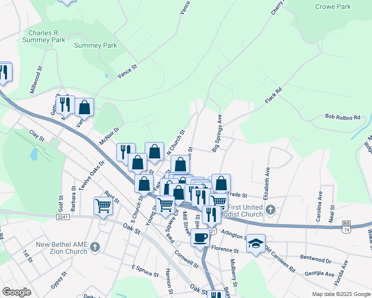 map of restaurants, bars, coffee shops, grocery stores, and more near 218 Cherry Mountain Street in Forest City