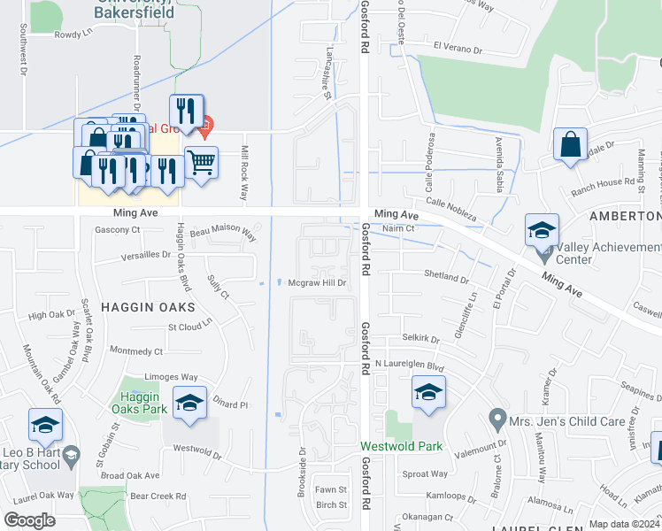 map of restaurants, bars, coffee shops, grocery stores, and more near 8206 Peachpit Lane in Bakersfield