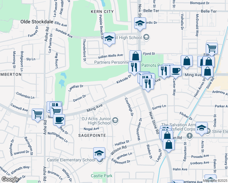 map of restaurants, bars, coffee shops, grocery stores, and more near 5700 Ming Avenue in Bakersfield