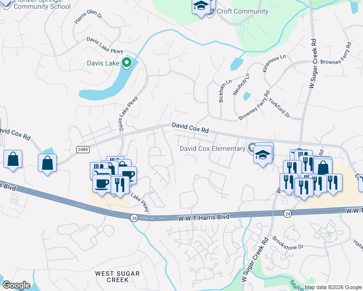 map of restaurants, bars, coffee shops, grocery stores, and more near 8404 Larkmead Forest Drive in Charlotte