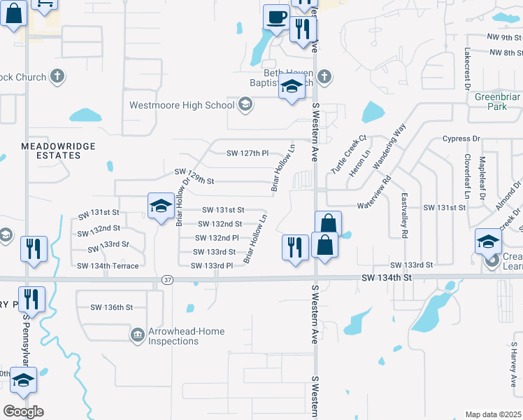map of restaurants, bars, coffee shops, grocery stores, and more near 13201 Southwest 131st Street in Oklahoma City