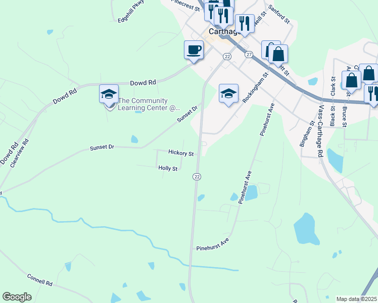 map of restaurants, bars, coffee shops, grocery stores, and more near 104 Hickory Street in Carthage