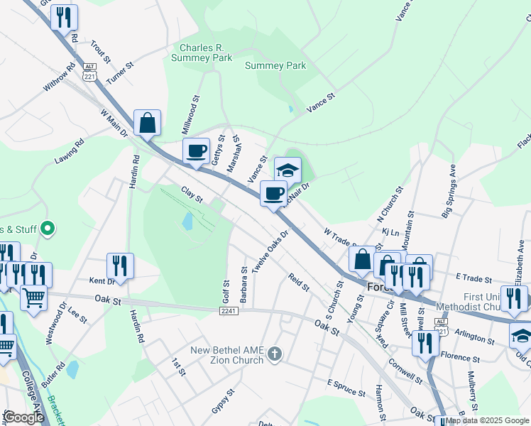map of restaurants, bars, coffee shops, grocery stores, and more near 373 West Main Street in Forest City
