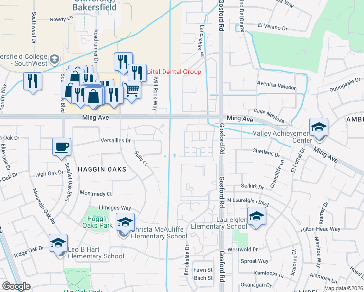 map of restaurants, bars, coffee shops, grocery stores, and more near 8400 Mcgraw Hill Drive in Bakersfield