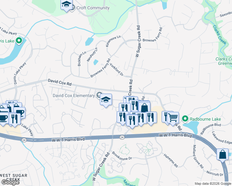map of restaurants, bars, coffee shops, grocery stores, and more near 4017 David Cox Road in Charlotte