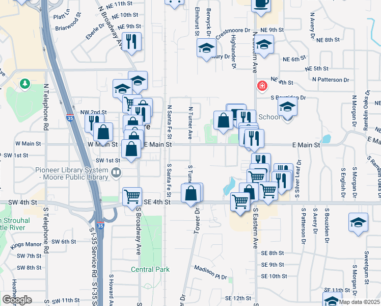 map of restaurants, bars, coffee shops, grocery stores, and more near 206 S Turner Ave in Moore