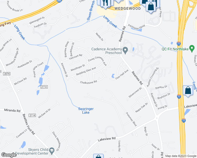 map of restaurants, bars, coffee shops, grocery stores, and more near 8921 Chalkstone Road in Charlotte