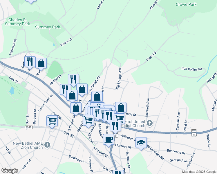map of restaurants, bars, coffee shops, grocery stores, and more near 125 Big Springs Avenue in Forest City