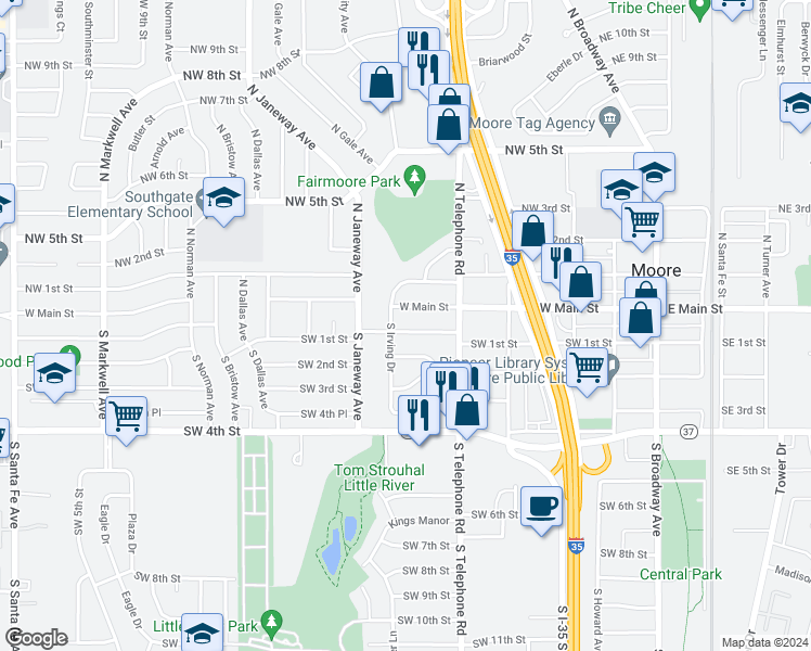 map of restaurants, bars, coffee shops, grocery stores, and more near 641 Southwest 1st Street in Moore