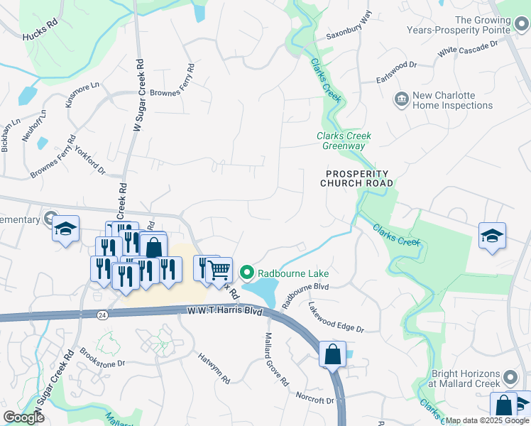 map of restaurants, bars, coffee shops, grocery stores, and more near 3529 Mallard Cove Court in Charlotte