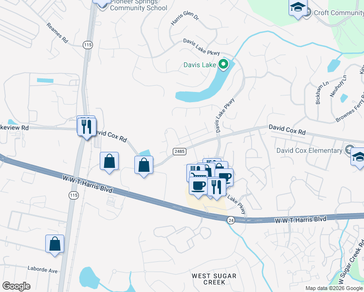 map of restaurants, bars, coffee shops, grocery stores, and more near 4973 David Cox Road in Charlotte