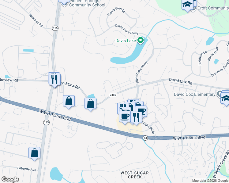 map of restaurants, bars, coffee shops, grocery stores, and more near 4973 David Cox Road in Charlotte