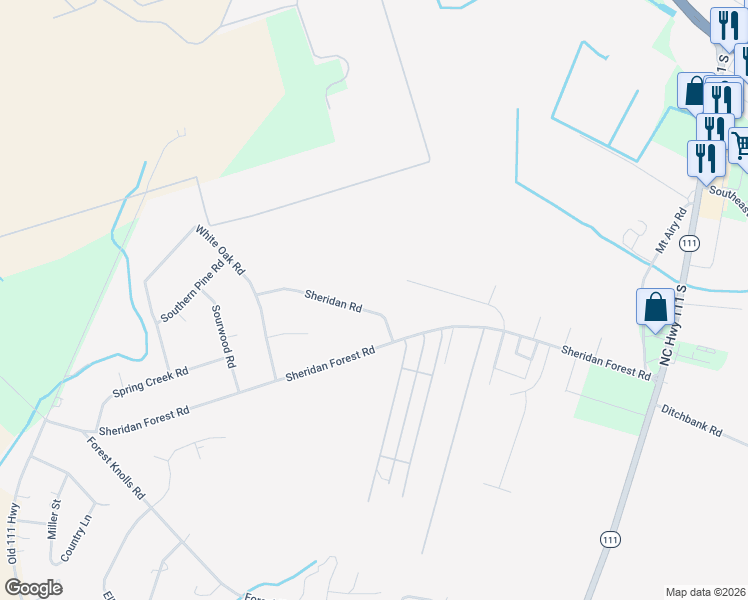 map of restaurants, bars, coffee shops, grocery stores, and more near 100 Sheridan Drive in Goldsboro