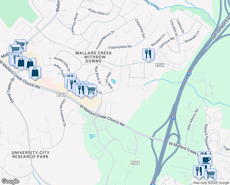 map of restaurants, bars, coffee shops, grocery stores, and more near 1705 Arbor Vista Drive in Charlotte