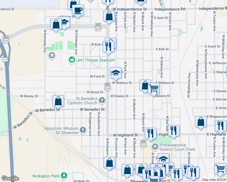 map of restaurants, bars, coffee shops, grocery stores, and more near 667 North Louisa Avenue in Shawnee
