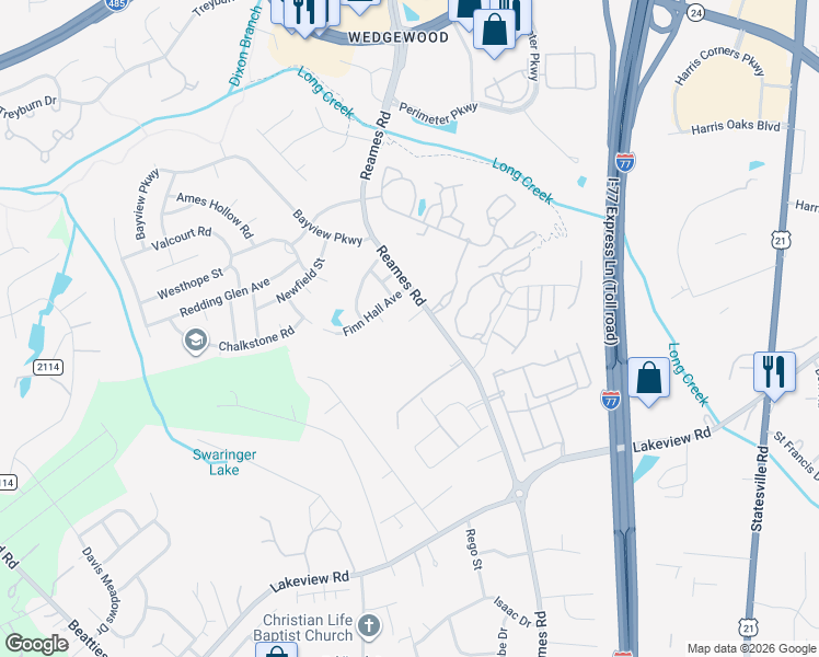 map of restaurants, bars, coffee shops, grocery stores, and more near 8923 Reames Road in Charlotte