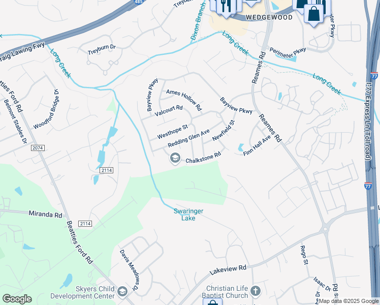 map of restaurants, bars, coffee shops, grocery stores, and more near 8217 Escaflowne Avenue in Charlotte