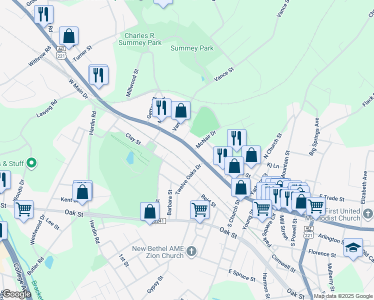 map of restaurants, bars, coffee shops, grocery stores, and more near 373 West Main Street in Forest City