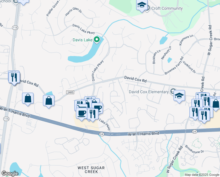 map of restaurants, bars, coffee shops, grocery stores, and more near 4715 Steepleglen Court in Charlotte