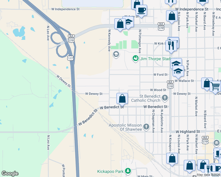 map of restaurants, bars, coffee shops, grocery stores, and more near 1132 West Wood Street in Shawnee