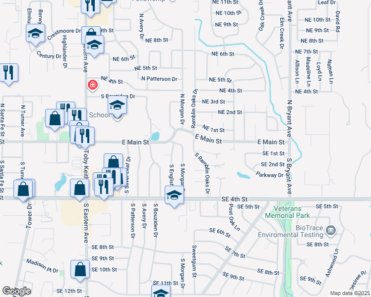 map of restaurants, bars, coffee shops, grocery stores, and more near 124 South Morgan Drive in Moore