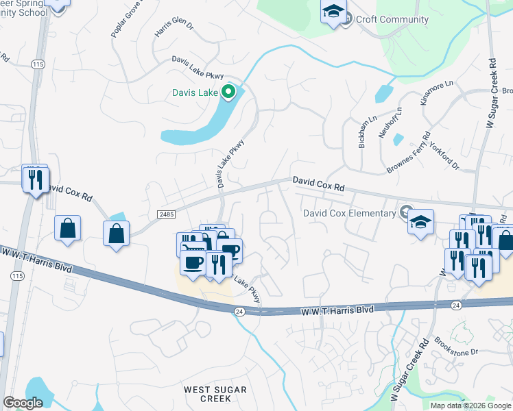 map of restaurants, bars, coffee shops, grocery stores, and more near 4752 David Cox Road in Charlotte