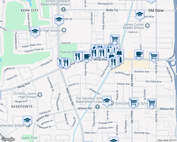 map of restaurants, bars, coffee shops, grocery stores, and more near 4949 Buckley Way in Bakersfield