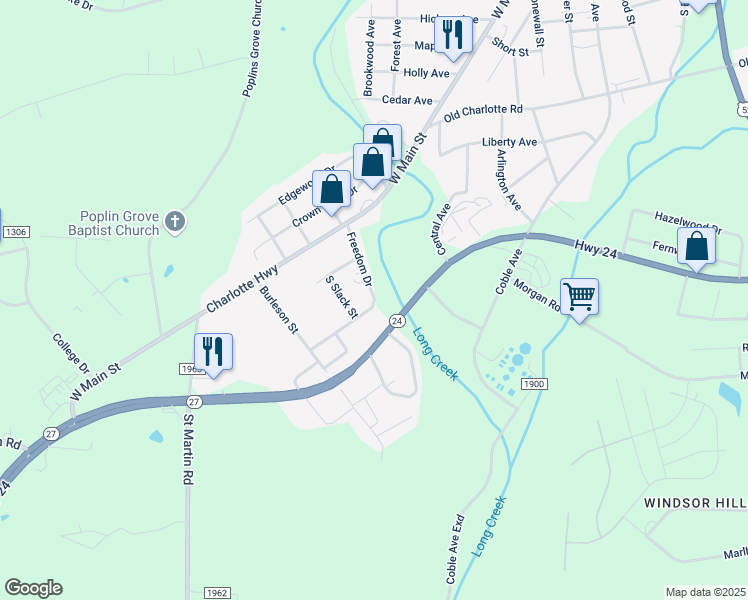 map of restaurants, bars, coffee shops, grocery stores, and more near 206 Freedom Drive in Albemarle