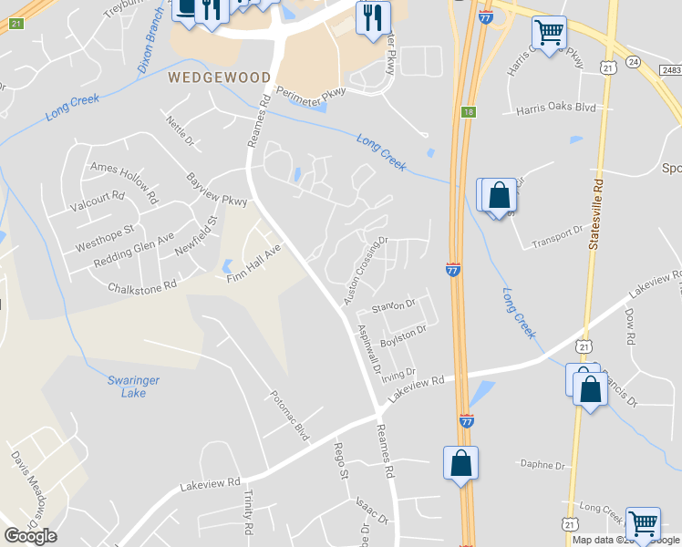 map of restaurants, bars, coffee shops, grocery stores, and more near 5201 Roundstone Way in Charlotte