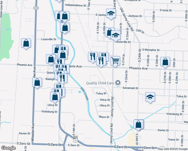 map of restaurants, bars, coffee shops, grocery stores, and more near 1603 South Quincy Street in Fort Smith