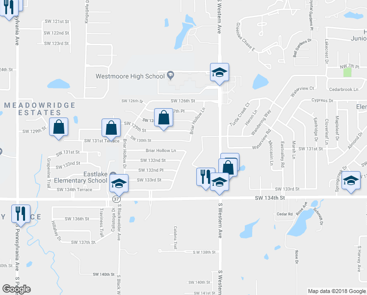 map of restaurants, bars, coffee shops, grocery stores, and more near 1005 Southwest 130th Street in Oklahoma City