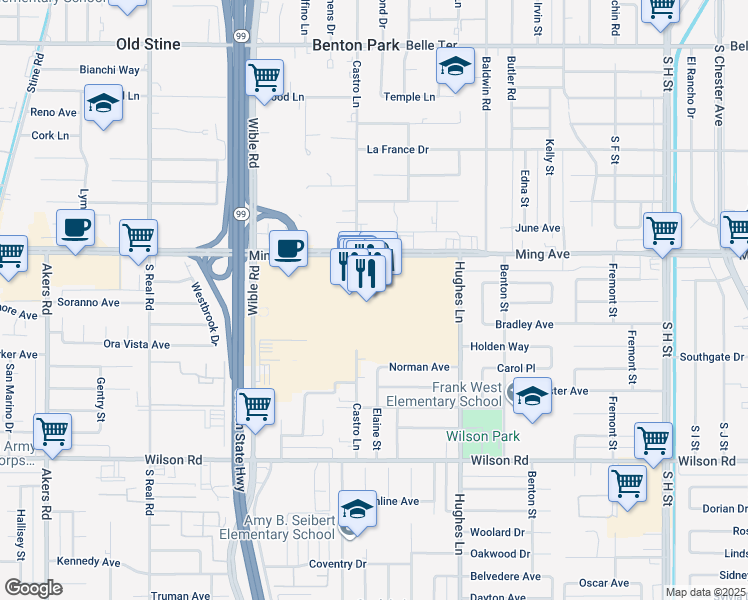 map of restaurants, bars, coffee shops, grocery stores, and more near 2701 Ming Avenue in Bakersfield