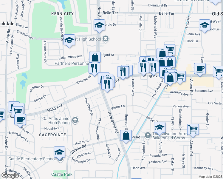map of restaurants, bars, coffee shops, grocery stores, and more near 5051 Ming Avenue in Bakersfield