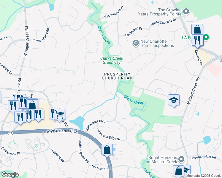 map of restaurants, bars, coffee shops, grocery stores, and more near 3807 Degrasse Drive in Charlotte