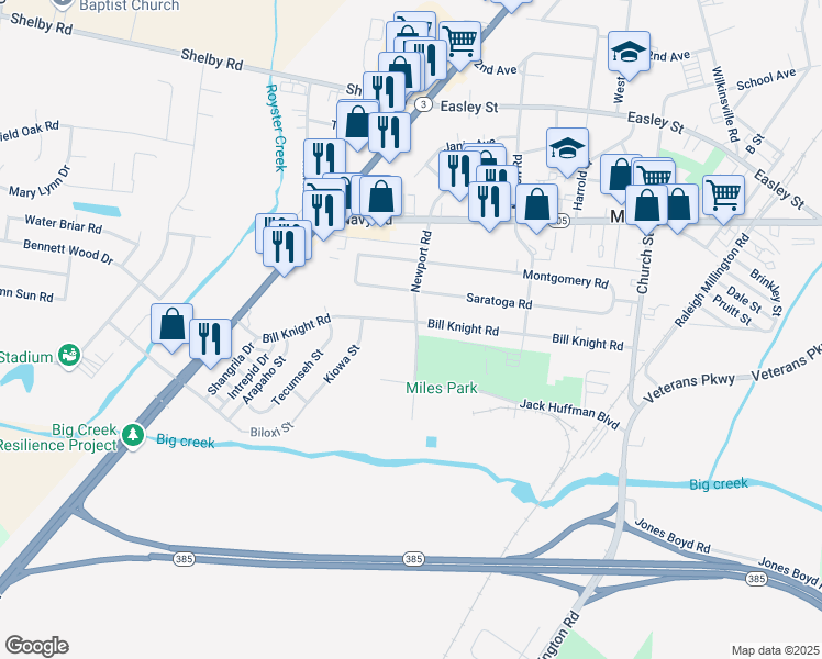 map of restaurants, bars, coffee shops, grocery stores, and more near 4705 Bill Knight Road in Millington