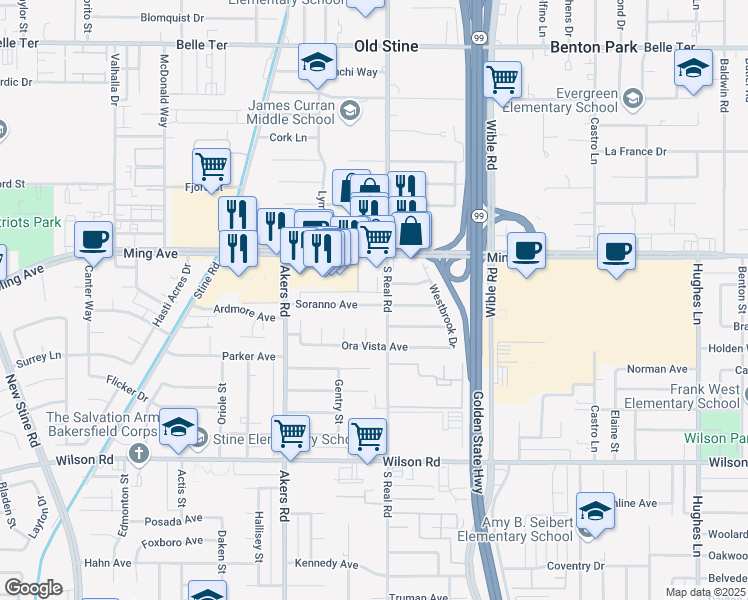 map of restaurants, bars, coffee shops, grocery stores, and more near 3757 Ming Avenue in Bakersfield