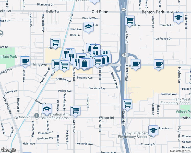 map of restaurants, bars, coffee shops, grocery stores, and more near 3757 Ming Avenue in Bakersfield