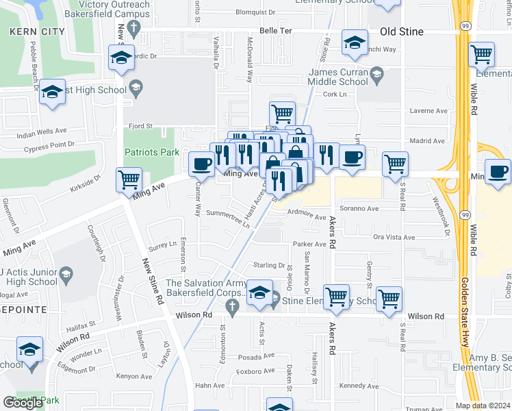map of restaurants, bars, coffee shops, grocery stores, and more near 1701 Stine Road in Bakersfield