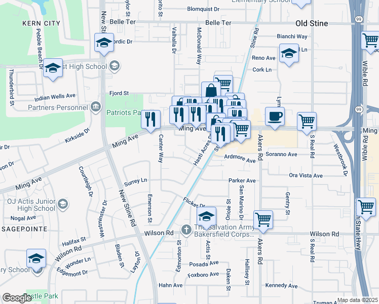 map of restaurants, bars, coffee shops, grocery stores, and more near 4720 Buckley Way in Bakersfield