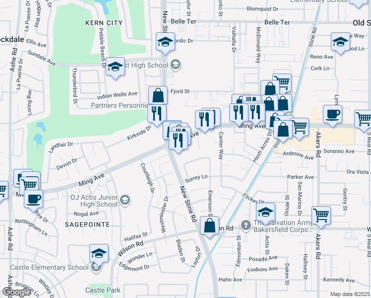 map of restaurants, bars, coffee shops, grocery stores, and more near 5051 Ming Avenue in Bakersfield