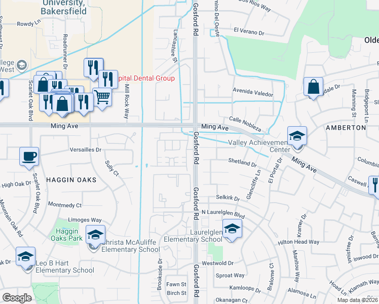 map of restaurants, bars, coffee shops, grocery stores, and more near 1800 Holt Rinehart Avenue in Bakersfield