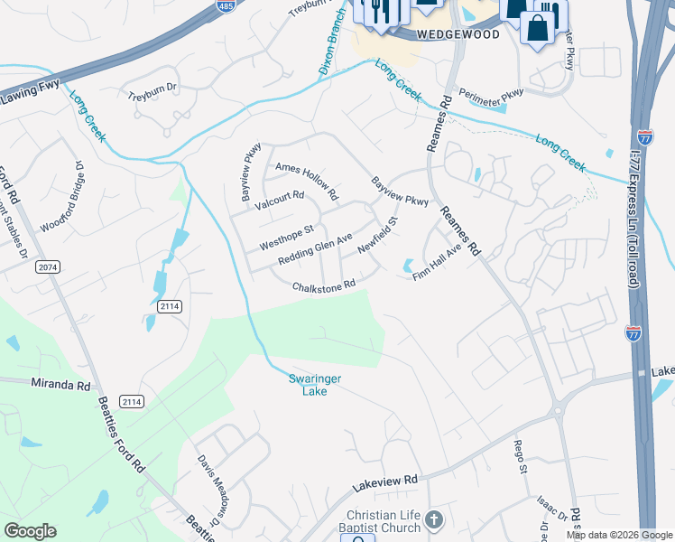 map of restaurants, bars, coffee shops, grocery stores, and more near 8238 Escaflowne Avenue in Charlotte