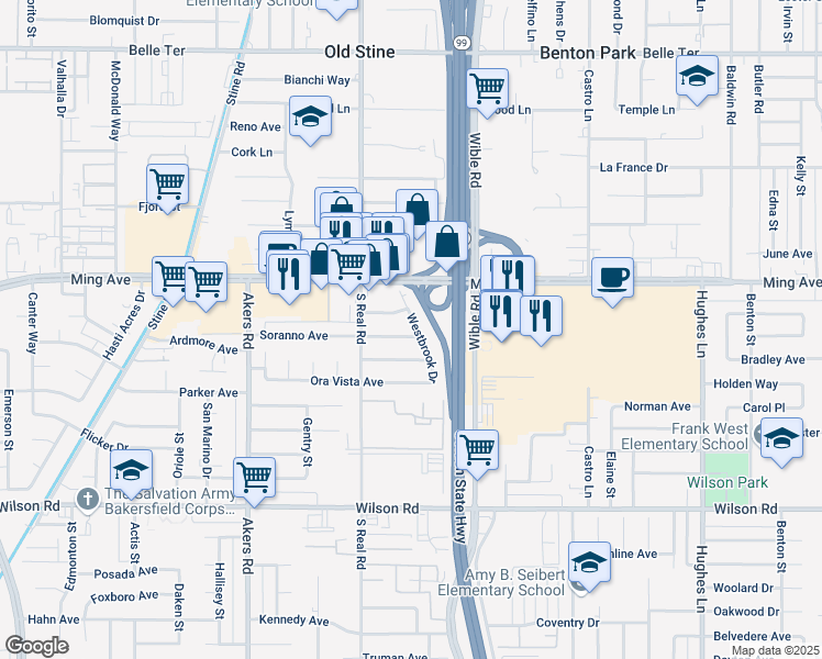 map of restaurants, bars, coffee shops, grocery stores, and more near 1800 Westbrook Drive in Bakersfield