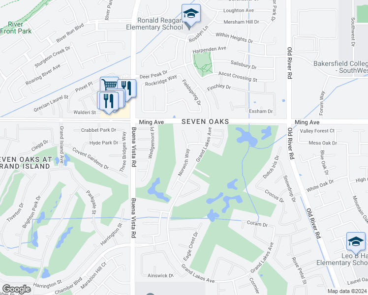 map of restaurants, bars, coffee shops, grocery stores, and more near 1901 Norwich Way in Bakersfield