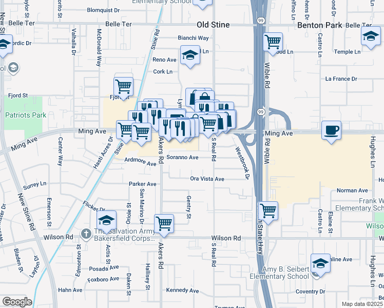 map of restaurants, bars, coffee shops, grocery stores, and more near 3824 Soranno Avenue in Bakersfield