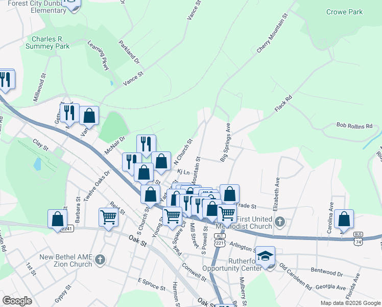 map of restaurants, bars, coffee shops, grocery stores, and more near 269 Cherry Mountain Street in Forest City